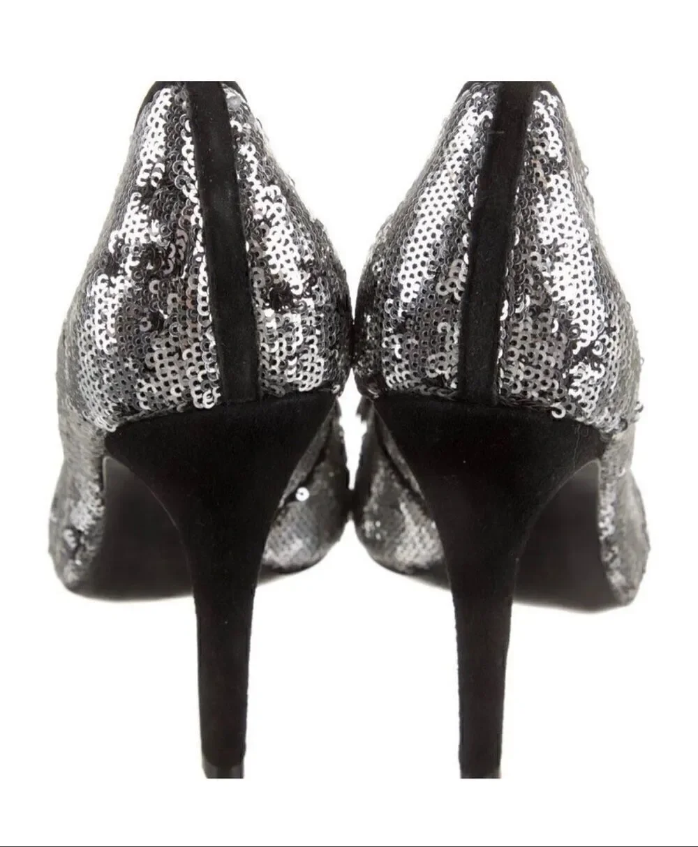 Tory Burch Sequin Embellished Pump Heels Silver Gold Metallic Evening Glam 7.5